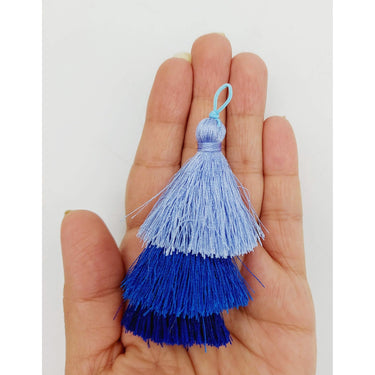 Blue Cotton Tassels in Three Layers, Tassel Charms, Tiered Tassels x 2